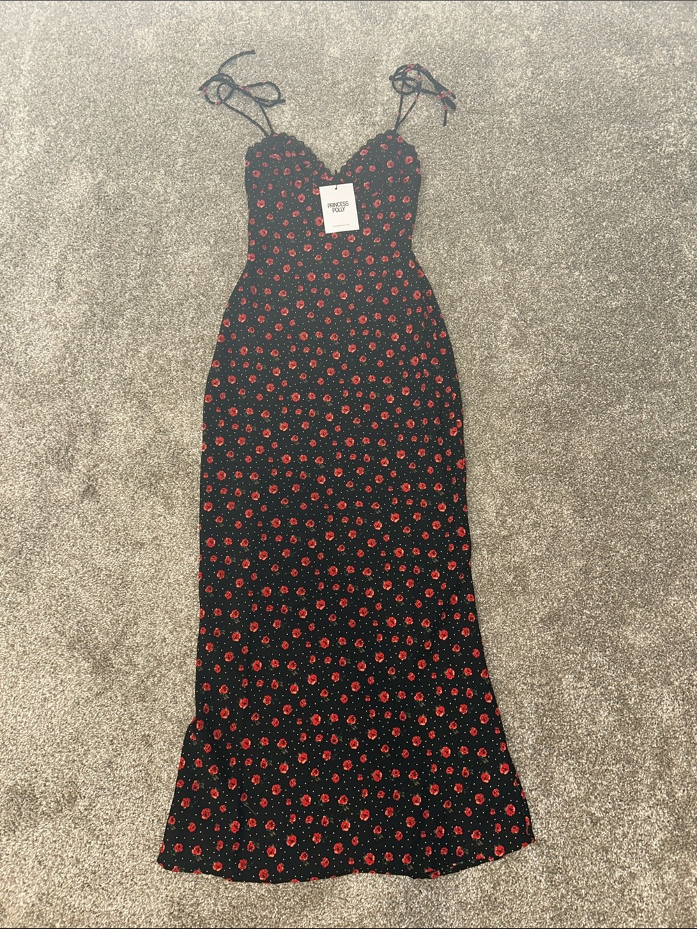 Princess Polly Black Slip Dress with Red Floral Print